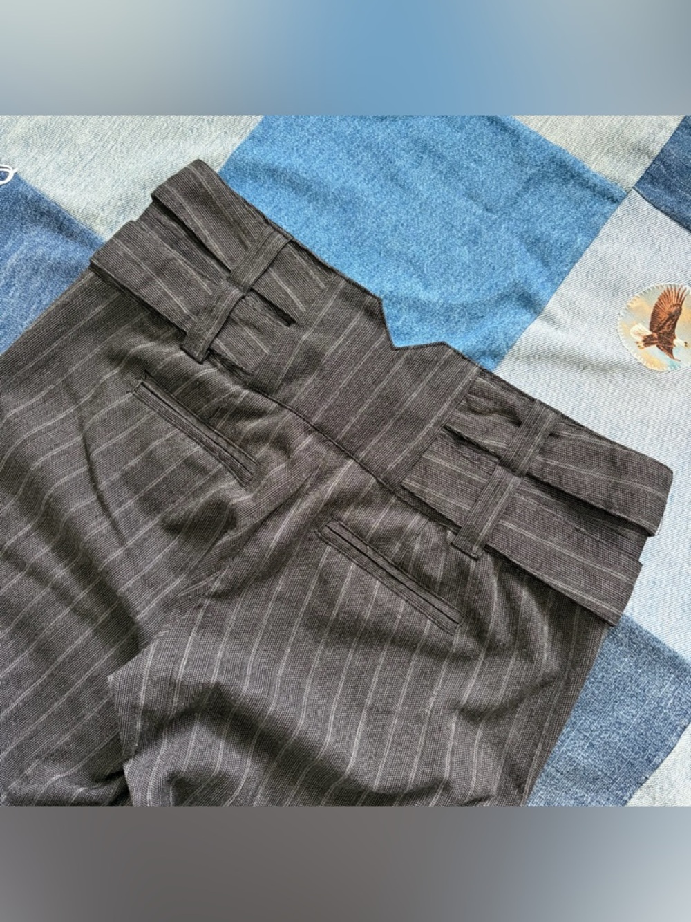 Y2K vanity flare grey striped trouser pants low rise wide belt button woven 5 - Picture 7 of 12